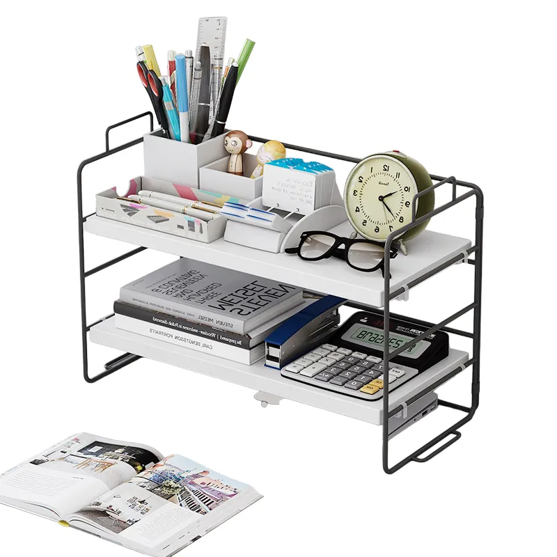 2-Tier Steel Wood Countertop Shelf Standing Rack-White & Black