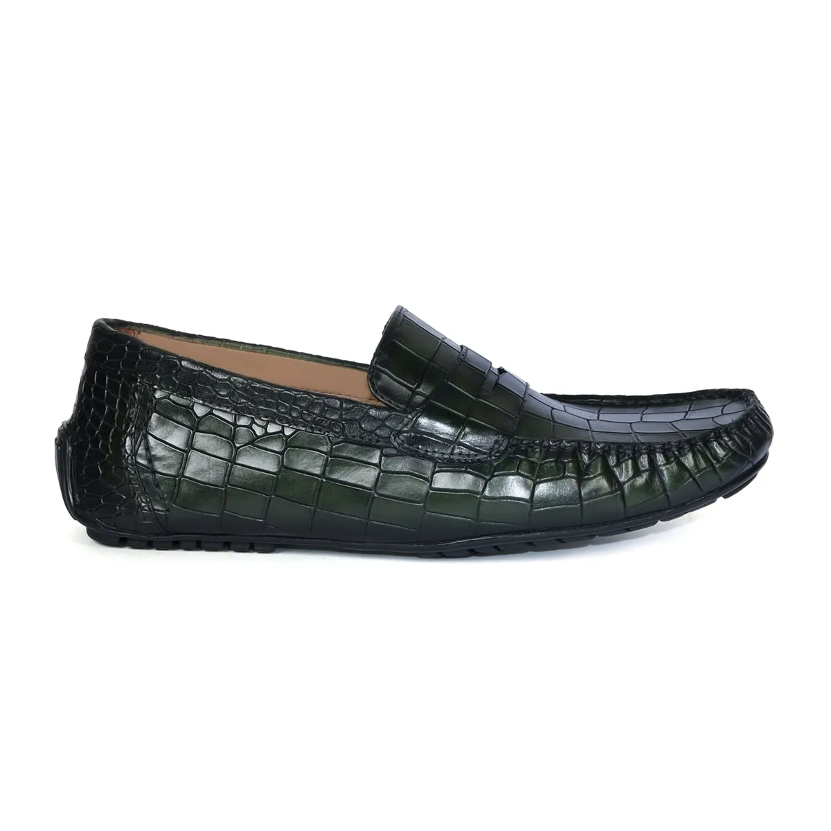 Green Stitched Strap Loafer in Deep Cut Leather